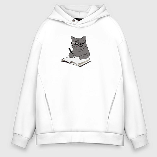Мужское худи оверсайз Психолог серый кот / Белый – фото 1