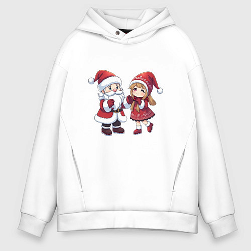 Мужское худи оверсайз Мультяшные Дед Мороз и Снегурочка держатся за руки / Белый – фото 1