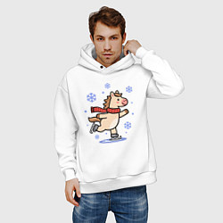 Толстовка оверсайз мужская Лошадь на коньках, снежинки, цвет: белый — фото 2