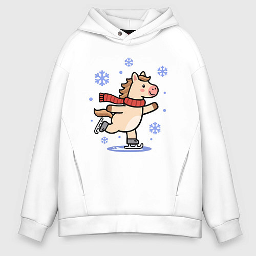 Мужское худи оверсайз Лошадь на коньках, снежинки / Белый – фото 1