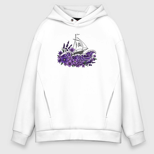 Мужское худи оверсайз Корабль в фиолетовых волнах / Белый – фото 1