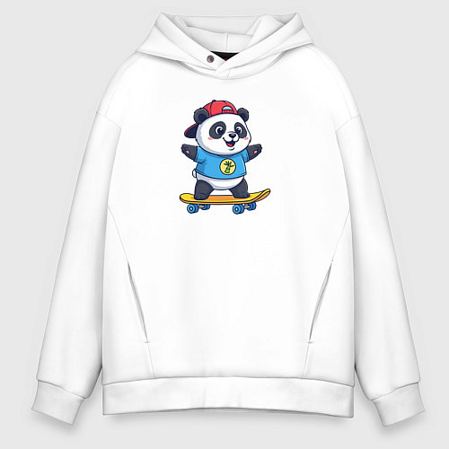 Мужское худи оверсайз Милая панда на скейте / Белый – фото 1