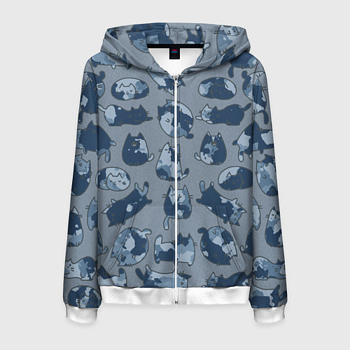 Мужская толстовка на молнии Камуфляж с котиками серо-голубой / 3D-Белый – фото 1