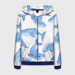 Толстовка 3D на молнии мужская Косяк китов, цвет: 3D-синий