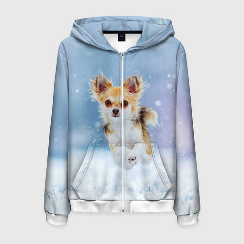 Мужская толстовка на молнии Чихуахуа в снегу / 3D-Белый – фото 1