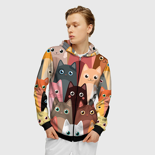 Мужская толстовка на молнии Котики мультяшные / 3D-Черный – фото 3