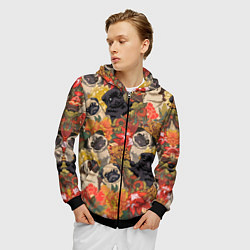 Толстовка 3D на молнии мужская Мопсики Цветочки, цвет: 3D-черный — фото 2