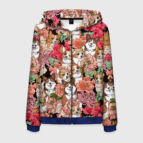 Мужская толстовка на молнии Корги & Цветы / 3D-Синий – фото 1