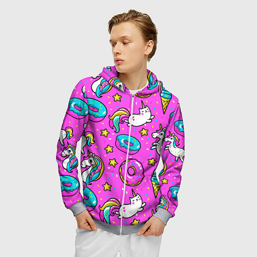 Мужская толстовка на молнии Единороги с пончиками / 3D-Меланж – фото 3