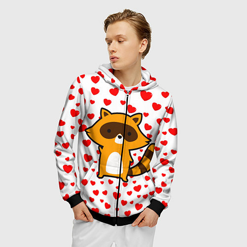 Мужская толстовка на молнии Енот в сердечках / 3D-Черный – фото 3