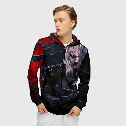 Мужская толстовка на молнии Ведьмак Геральт / 3D-Черный – фото 3