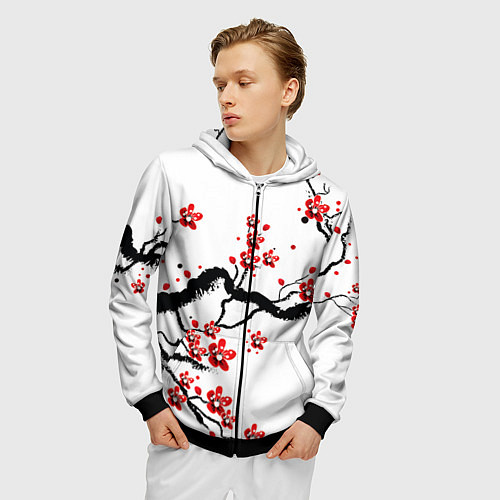Мужская толстовка на молнии САКУРА ЦВЕТЁТ И БЛАГАУХАЕТ / 3D-Черный – фото 3