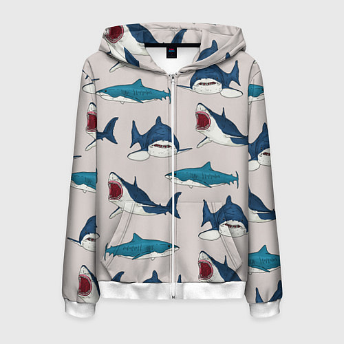 Мужская толстовка на молнии Кровожадные акулы паттерн / 3D-Белый – фото 1
