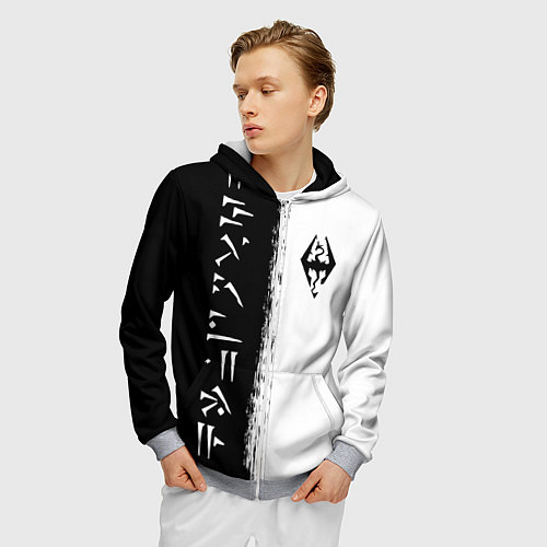 Мужская толстовка на молнии THE ELDER SCROLLS SKYRIM FUS RO DAH ЧЁРНО БЕЛЫЙ / 3D-Меланж – фото 3
