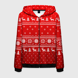 Толстовка 3D на молнии мужская Красный узор с оленями, цвет: 3D-черный