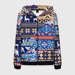 Толстовка 3D на молнии мужская НОВОГОДНИЙ УЗОР ОЛЕНИ И МЕДВЕДИ НОВЫЙ ГОД 2022, цвет: 3D-черный