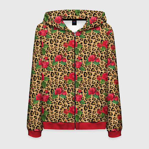 Мужская толстовка на молнии Шкура Леопарда в Цветах / 3D-Красный – фото 1