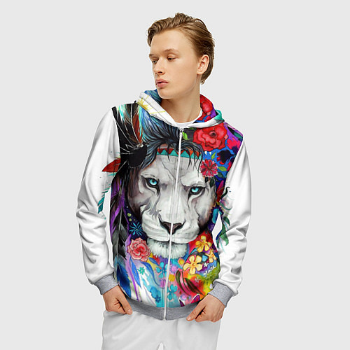 Мужская толстовка на молнии Лев - сильный взгляд / 3D-Меланж – фото 3