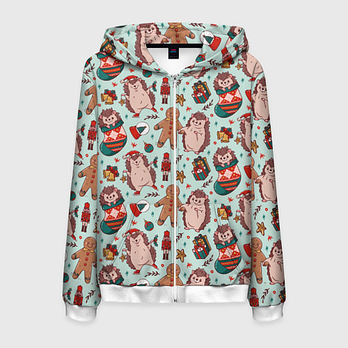Мужская толстовка на молнии Новогодний ёжик и щелкунчик / 3D-Белый – фото 1