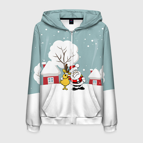 Мужская толстовка на молнии Деревенский Новый Год Дед Мороз и Олень / 3D-Белый – фото 1