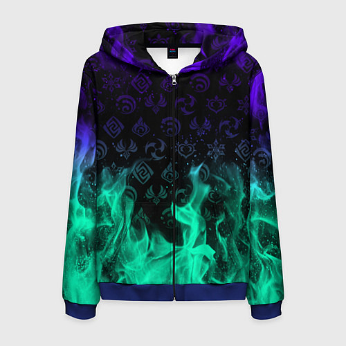 Мужская толстовка на молнии НЕОНОВЫЙ ОГОНЬ ГЕНШИН ИМПАКТ СИМВОЛЫ / 3D-Синий – фото 1