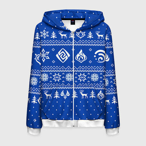 Мужская толстовка на молнии НОВОГОДНИЙ СВИТЕР GENSHIN IMPACT СИНИЙ / 3D-Белый – фото 1