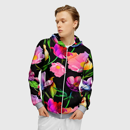 Мужская толстовка на молнии Цветочный узор Floral pattern / 3D-Меланж – фото 3