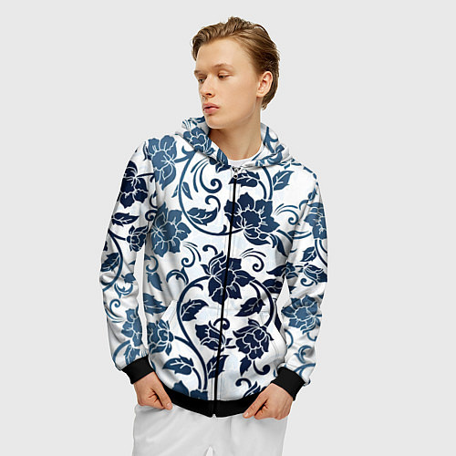 Мужская толстовка на молнии Гжелевые цветы / 3D-Черный – фото 3