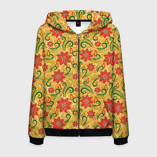 Мужская толстовка на молнии Оранжевая хохлома / 3D-Черный – фото 1
