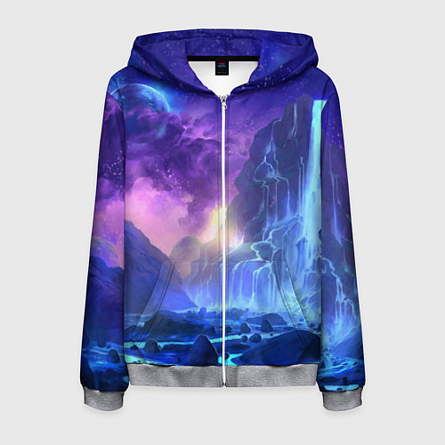 Мужская толстовка на молнии Фантастический пейзаж Водопад Неон / 3D-Меланж – фото 1