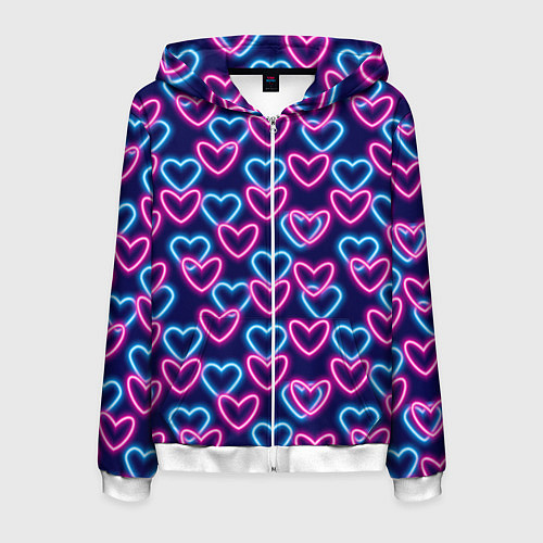 Мужская толстовка на молнии Неоновые сердца, паттерн / 3D-Белый – фото 1