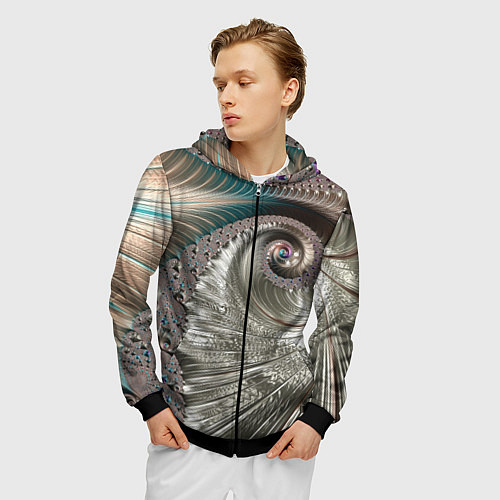 Мужская толстовка на молнии Fractal pattern Spiral Серебристый фрактал спираль / 3D-Черный – фото 3