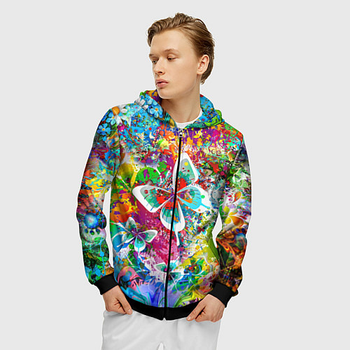 Мужская толстовка на молнии Яркое безумие Бабочки, кляксы, граффити / 3D-Черный – фото 3