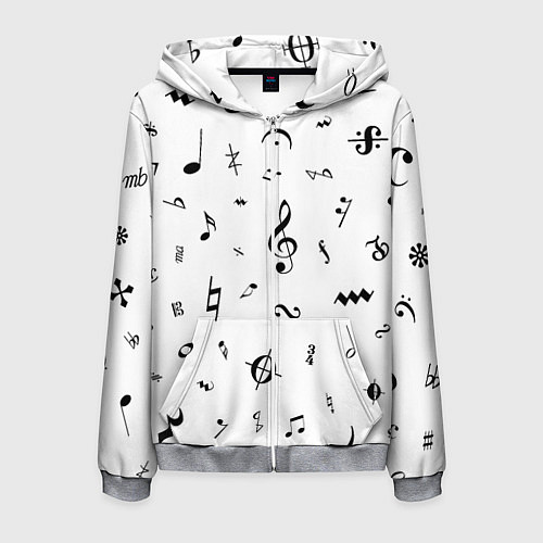 Мужская толстовка на молнии Нотные Знаки Черные на Белом / 3D-Меланж – фото 1