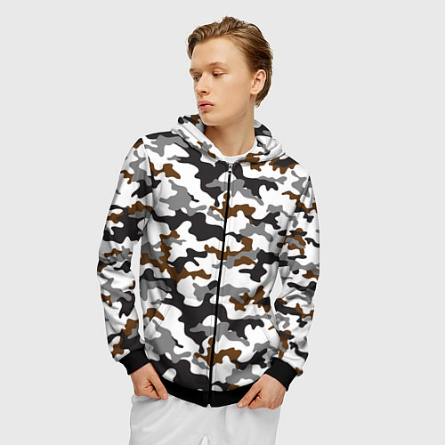 Мужская толстовка на молнии Камуфляж Чёрно-Белый Camouflage Black-White / 3D-Черный – фото 3