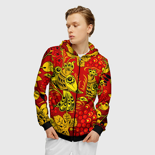 Мужская толстовка на молнии Хохломская Роспись Две Птици На Красном Фоне / 3D-Черный – фото 3