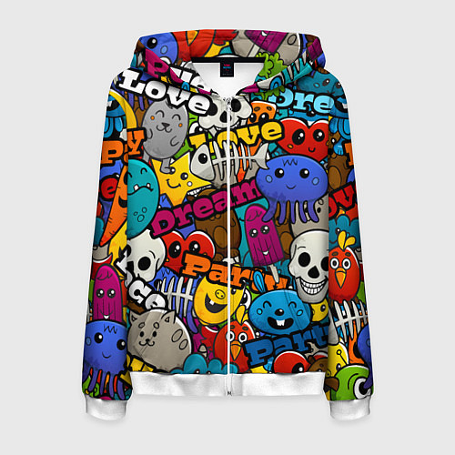 Мужская толстовка на молнии Красочный паттерн из мультяшных героев / 3D-Белый – фото 1