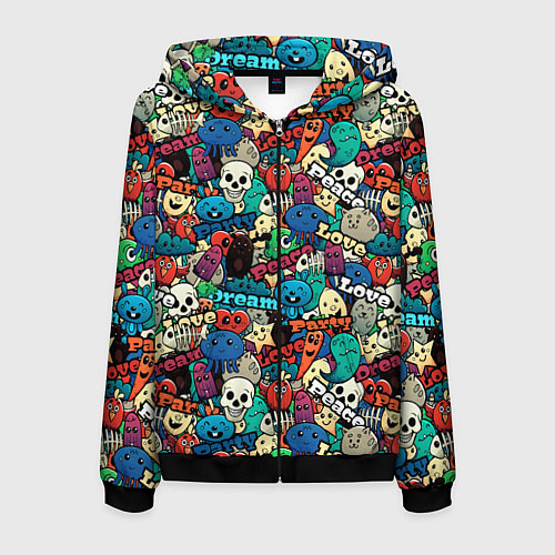 Мужская толстовка на молнии Граффити черепа и рожицы / 3D-Черный – фото 1