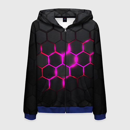 Мужская толстовка на молнии Объёмные соты - неоновые проблески / 3D-Синий – фото 1