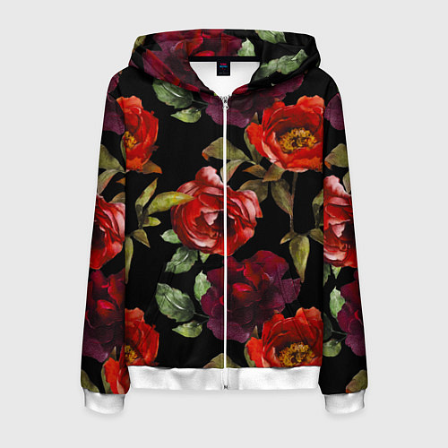 Мужская толстовка на молнии Цветы Нарисованные Розы На Чёрном Фоне / 3D-Белый – фото 1