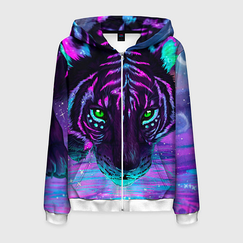 Мужская толстовка на молнии Светящийся неоновый тигр / 3D-Белый – фото 1