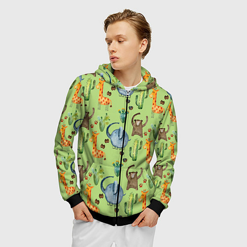 Мужская толстовка на молнии Африканские животные - слон обезьянка жираф / 3D-Черный – фото 3