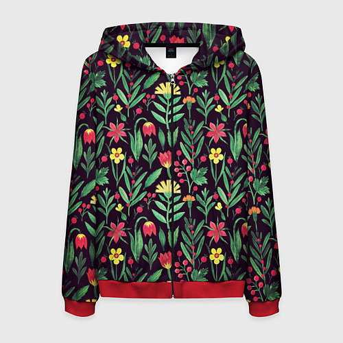 Мужская толстовка на молнии Цветочный акварельный паттерн / 3D-Красный – фото 1