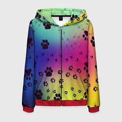 Толстовка 3D на молнии мужская Следы кошек и птиц, цвет: 3D-красный