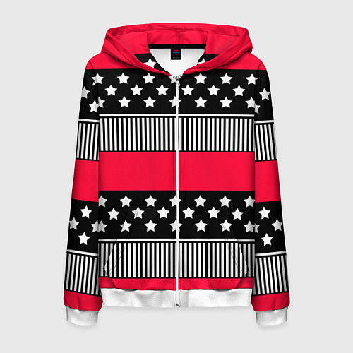 Мужская толстовка на молнии Red and black pattern with stripes and stars / 3D-Белый – фото 1
