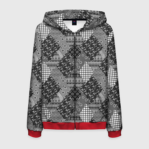 Мужская толстовка на молнии Black and White Ethnic Patchwork Pattern / 3D-Красный – фото 1
