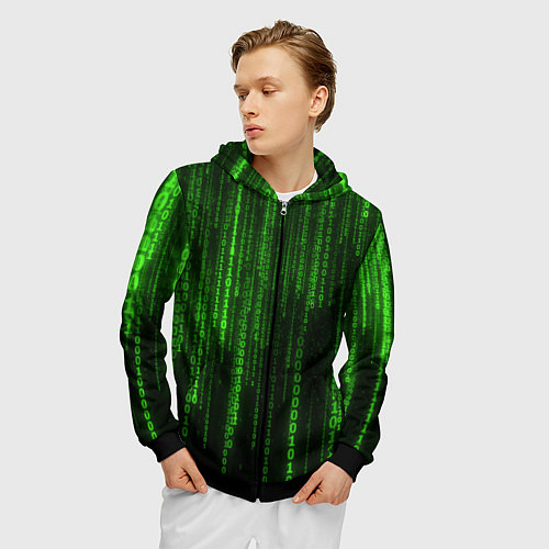 Мужская толстовка на молнии Двоичный код зеленый / 3D-Черный – фото 3
