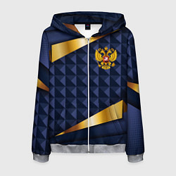 Толстовка 3D на молнии мужская Золотой герб России на объемном синим фоне, цвет: 3D-меланж