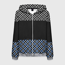 Толстовка 3D на молнии мужская Комбинированный клетчатый узор в серо-синих тонах, цвет: 3D-меланж