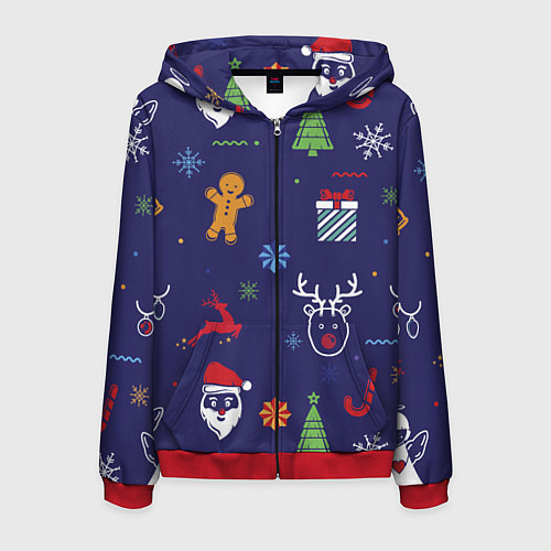 Мужская толстовка на молнии Новый год олени, ангелы, снежинки / 3D-Красный – фото 1